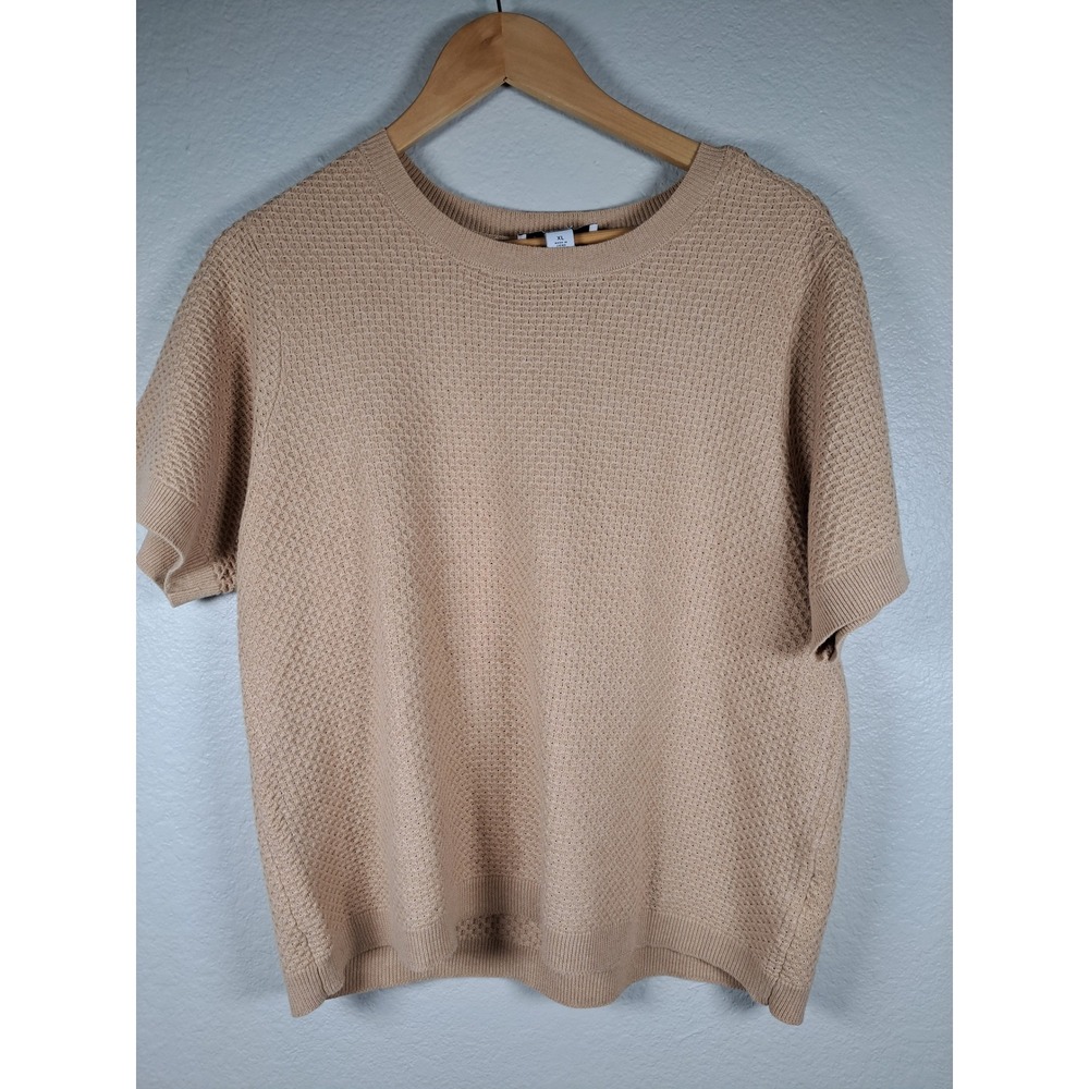Nine West Jeans Tan Beige Textured Knit Short Sleeve Sweater Top XL